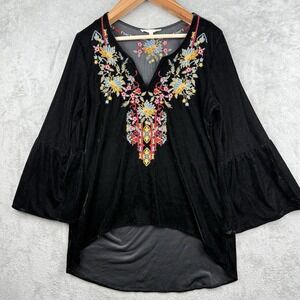 Solitaire Black Velvet Embroidered Floral‎ Tunic Womens M Boho Whimsigoth Dark